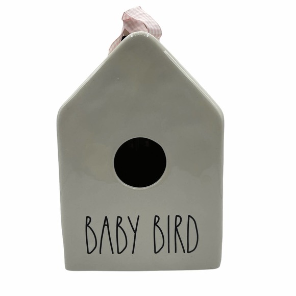Rae Dunn Baby Bird Ceramic Birdhouse Pink Checkered Ribbon - Picture 1 of 8